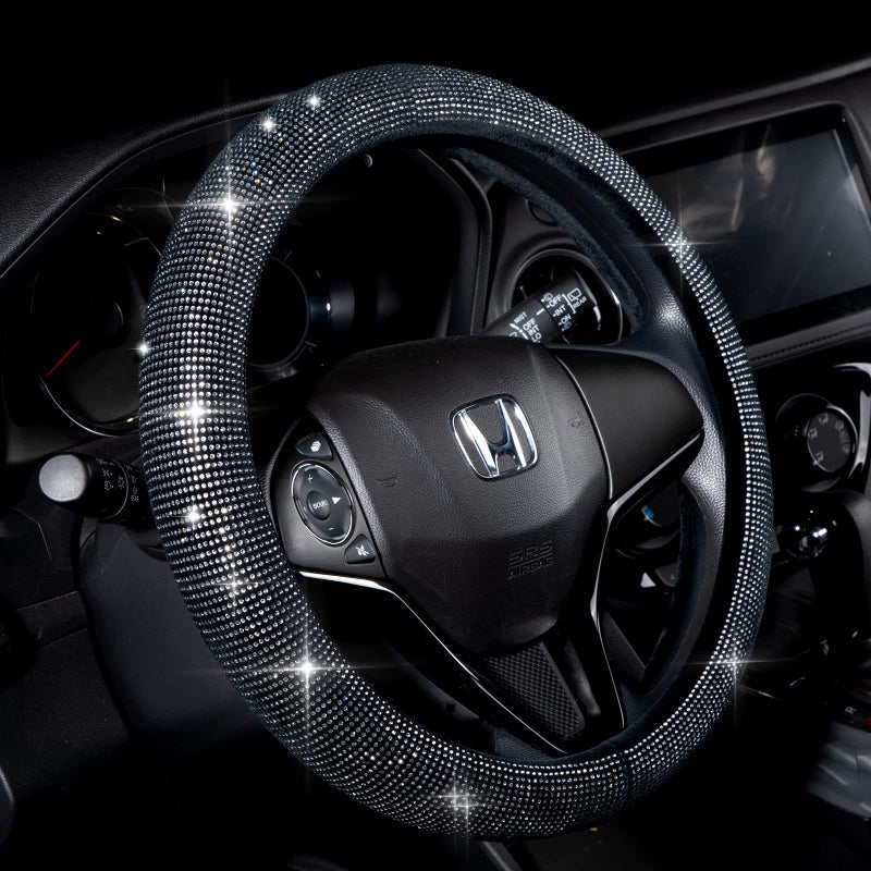 Valleycomfy Steering Wheel Cover for Women Men Bling Bling Crystal Diamond Sparkling Car SUV Wheel Protector Universal Fit 15 Inch (Black with White Diamond,Standard Size(14" 1/2-15" 1/4)) - Image 1